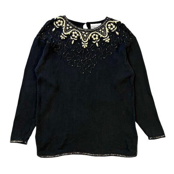 Fitting Image Vintage Beaded Embroidered Knit Sweater Tunic Gold Size 14 / 16 - Picture 1 of 6